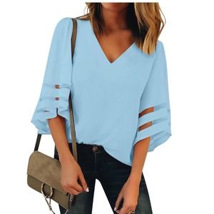 luvamia Solid Tops for Women Casual 3/4 Flared Sleeve Shirts Mesh Panel Blouse